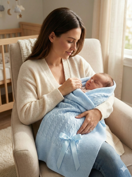 Soft Knit Baby Blanket with Braided Pattern and Bow