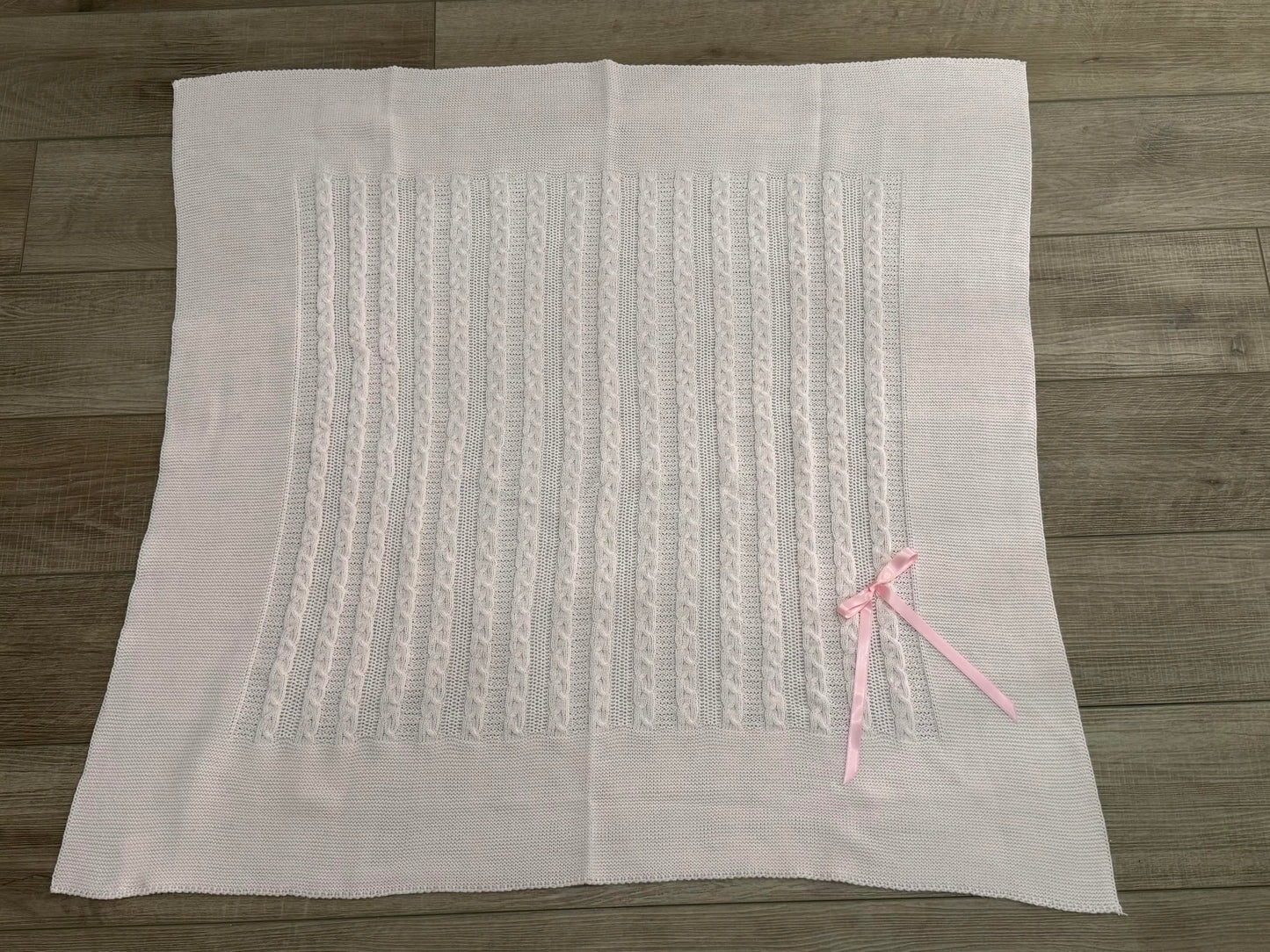 Soft Knit Baby Blanket with Braided Pattern and Bow