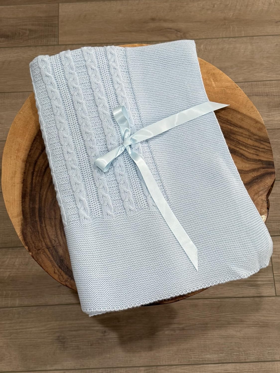 Soft Knit Baby Blanket with Braided Pattern and Bow