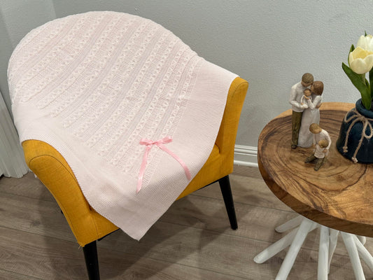 Soft Knit Baby Blanket with Braided Pattern and Bow