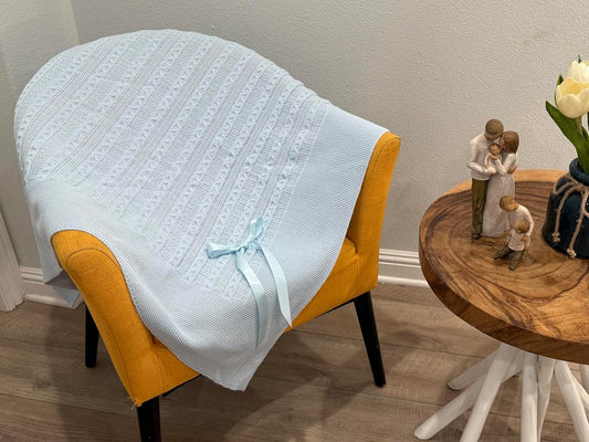 Soft Knit Baby Blanket with Braided Pattern and Bow