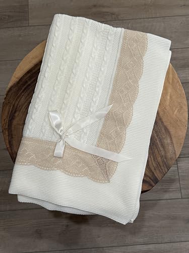 Elegant Knit Baby Blanket with Braided Design and Lace Trim