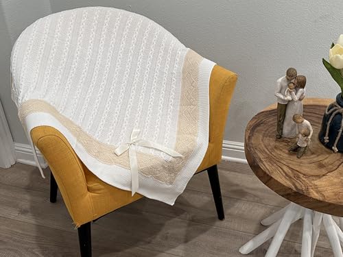 Elegant Knit Baby Blanket with Braided Design and Lace Trim