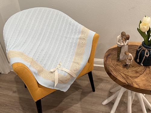 Elegant Knit Baby Blanket with Braided Design and Lace Trim