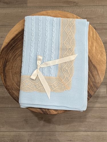 Elegant Knit Baby Blanket with Braided Design and Lace Trim