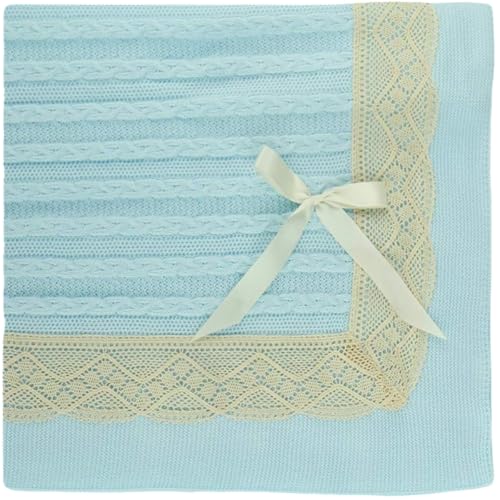 Elegant Knit Baby Blanket with Braided Design and Lace Trim