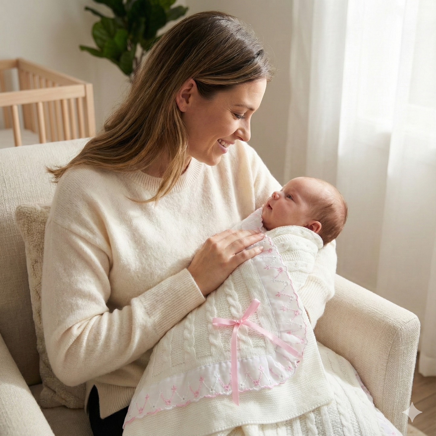 Soft Knitted Baby Blanket with Floral Accents