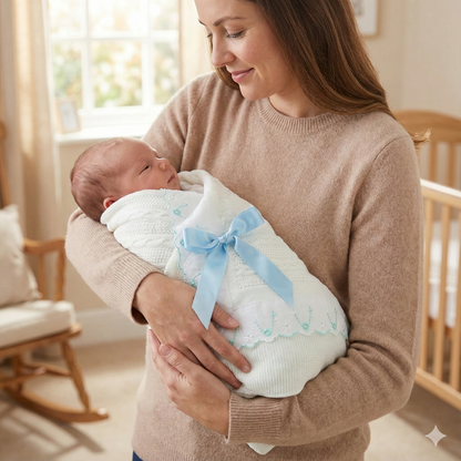 Soft Knitted Baby Blanket with Floral Accents