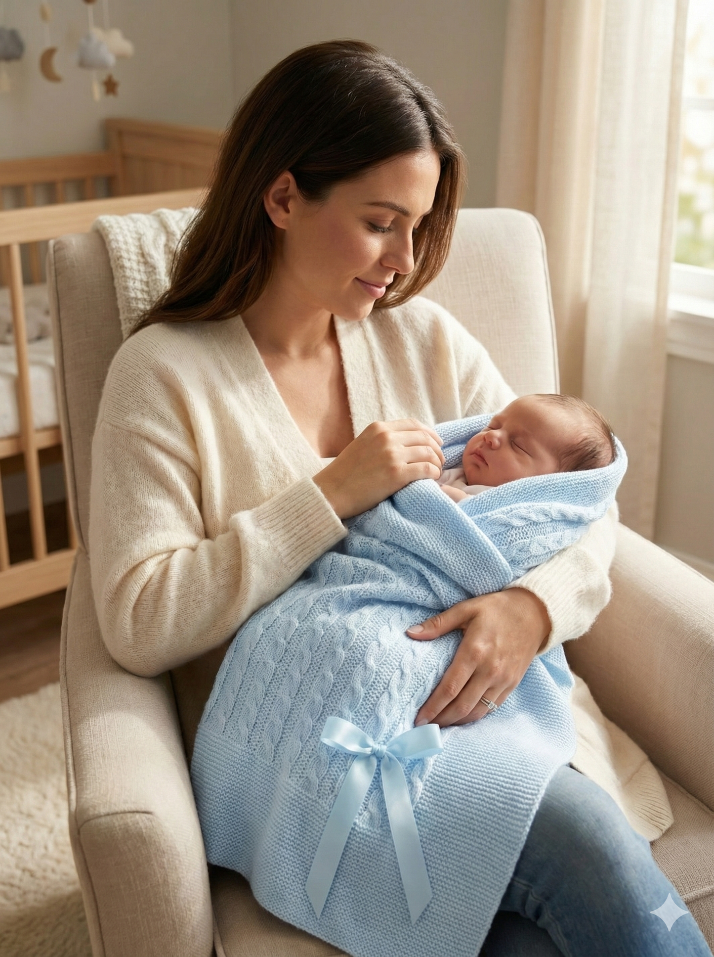 Soft Knit Baby Blanket with Braided Pattern and Bow