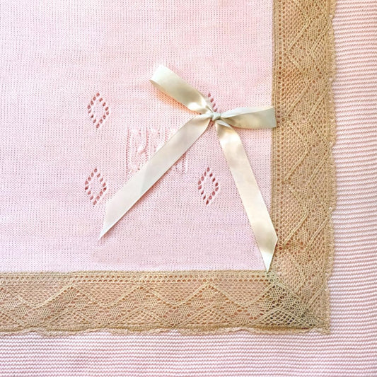 Cozy Knit Baby Blanket with Diamond Patterns and Lace Trim