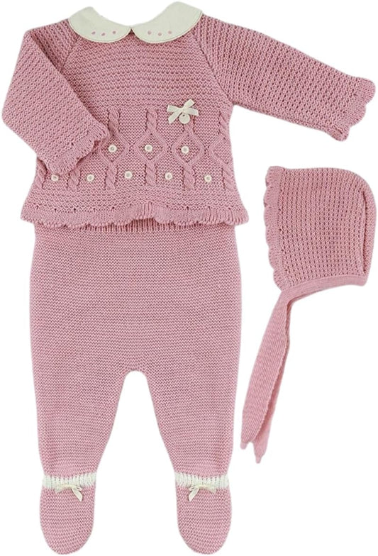 Baby Girl 3-piece Knitted Sweater, Footed Pants, and Hat Set