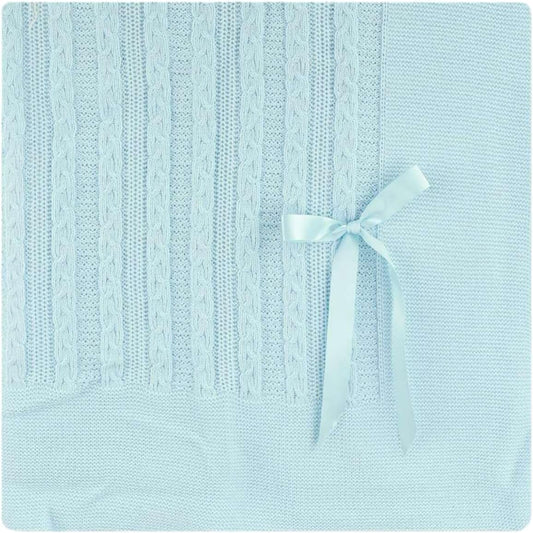 Soft Knit Baby Blanket with Braided Pattern and Bow