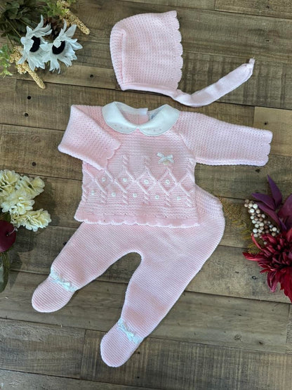 Baby Girl 3-piece Knitted Sweater, Footed Pants, and Hat Set