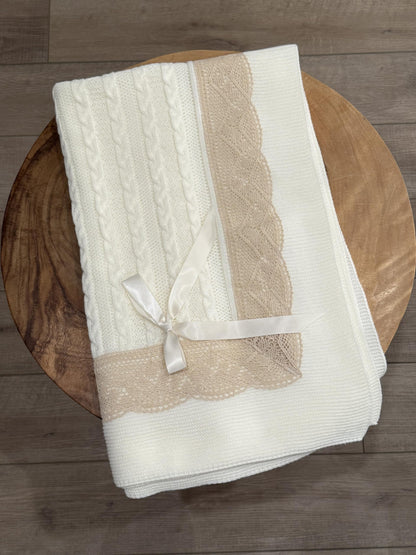 Elegant Knit Baby Blanket with Braided Design and Lace Trim