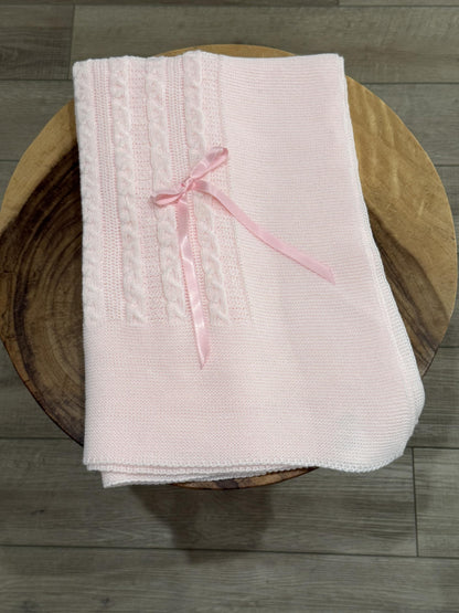 Soft Knit Baby Blanket with Braided Pattern and Bow