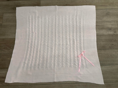 Soft Knit Baby Blanket with Braided Pattern and Bow