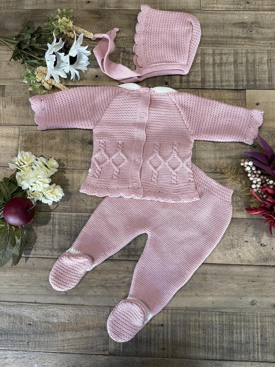 Baby Girl 3-piece Knitted Sweater, Footed Pants, and Hat Set
