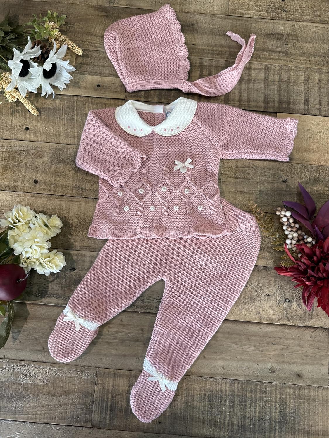 Baby Girl 3-piece Knitted Sweater, Footed Pants, and Hat Set