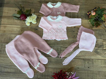 Baby Girl 3-piece Knitted Sweater, Footed Pants, and Hat Set
