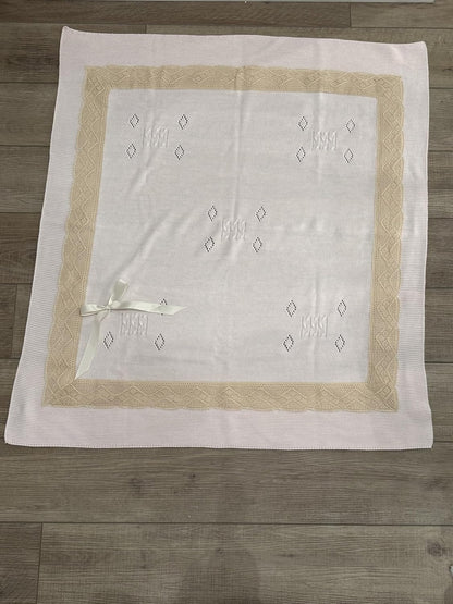 Cozy Knit Baby Blanket with Diamond Patterns and Lace Trim