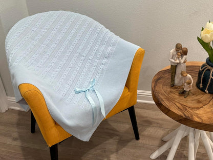 Soft Knit Baby Blanket with Braided Pattern and Bow