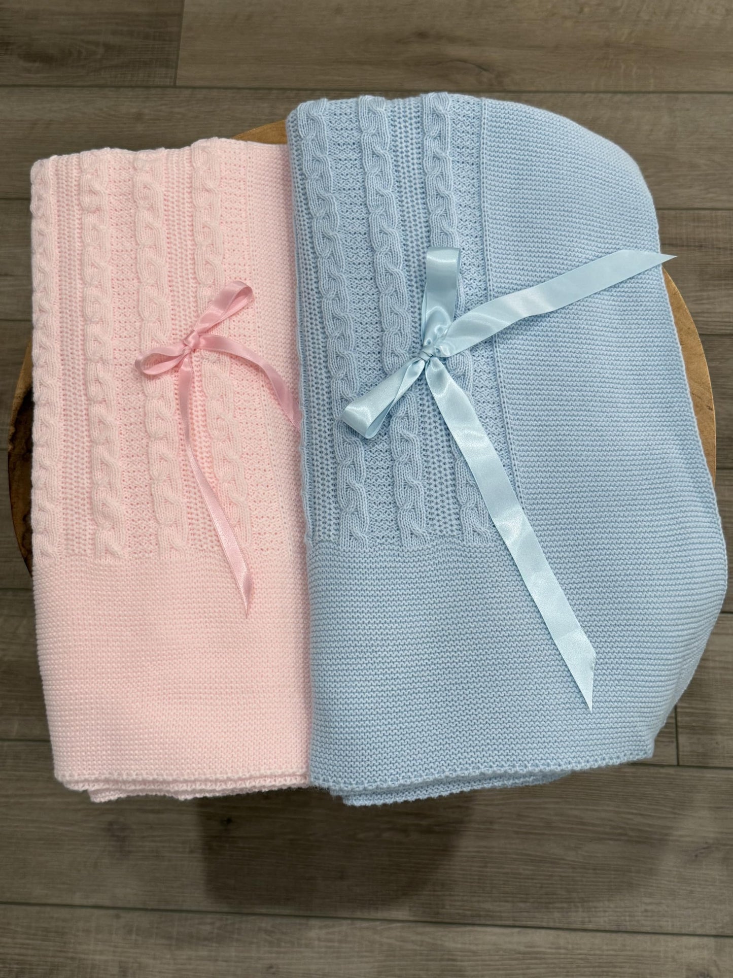 Soft Knit Baby Blanket with Braided Pattern and Bow
