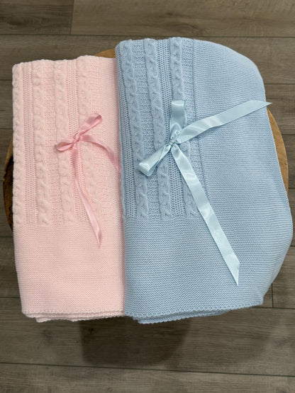 Soft Knit Baby Blanket with Braided Pattern and Bow
