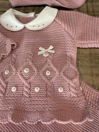 Baby Girl 3-piece Knitted Sweater, Footed Pants, and Hat Set