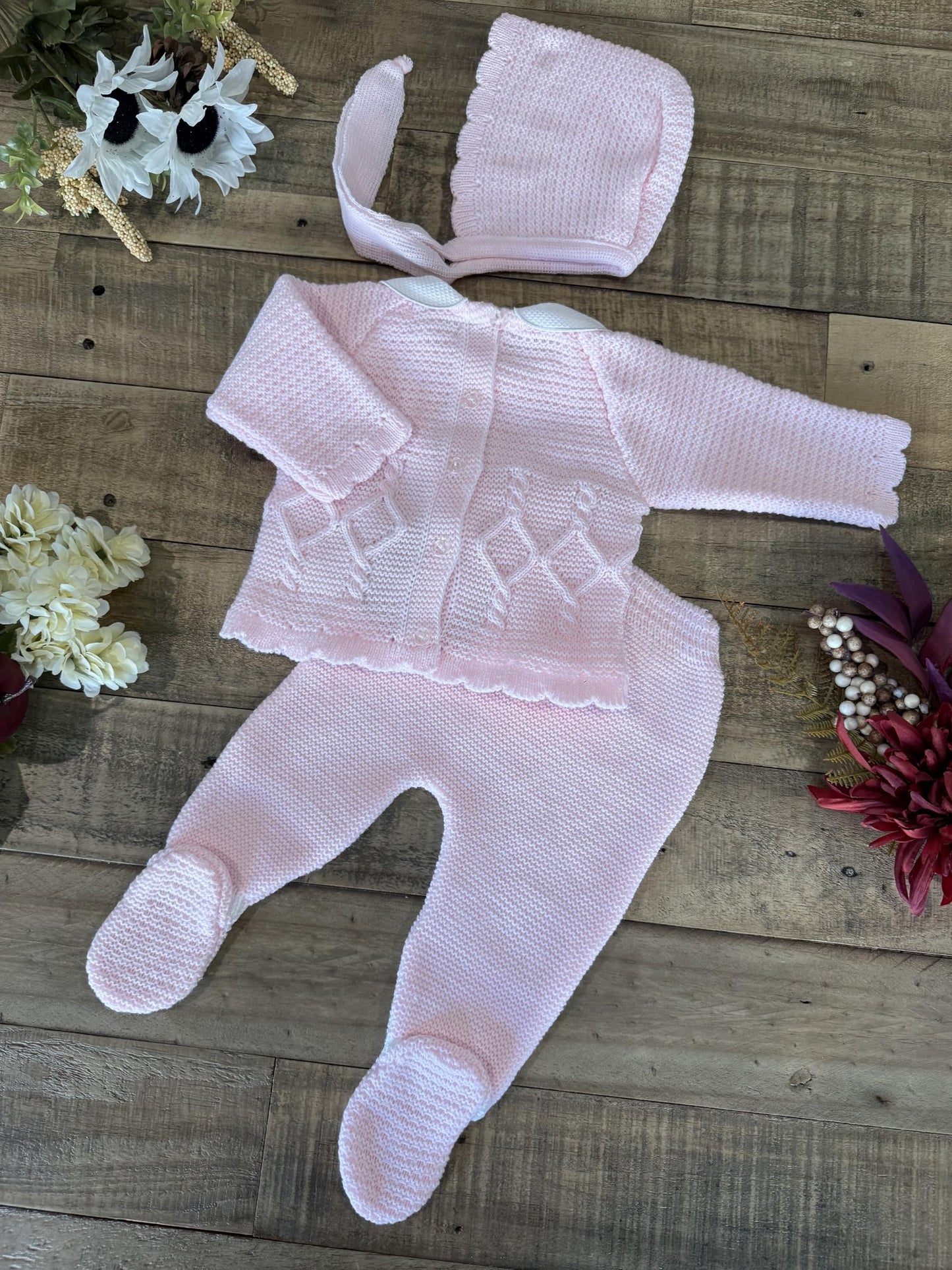 Baby Girl 3-piece Knitted Sweater, Footed Pants, and Hat Set