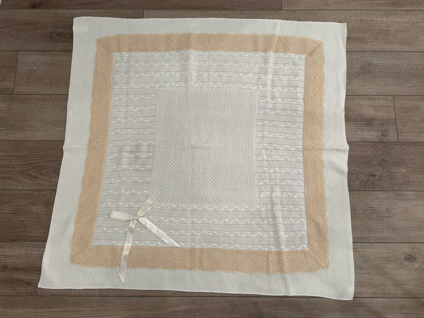 Luxury Spanish Knit Baby Blanket with Intricate Lace Trim and Honeycomb Pattern