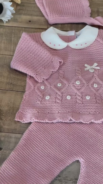 Baby Girl 3-piece Knitted Sweater, Footed Pants, and Hat Set