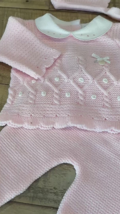 Baby Girl 3-piece Knitted Sweater, Footed Pants, and Hat Set