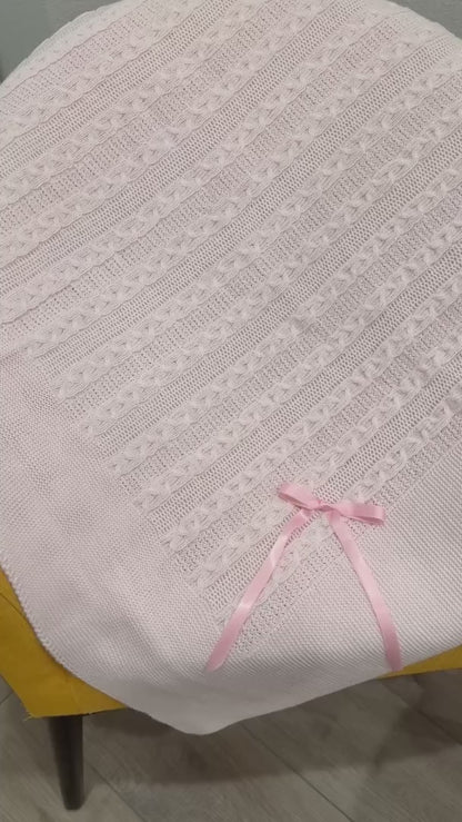 Soft Knit Baby Blanket with Braided Pattern and Bow